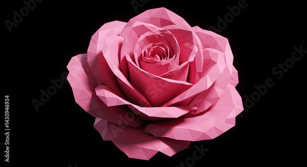 Fototapeta Geometric Pink Rose, Minimalist Polygon Design on Dark Background, Isolated Blossom