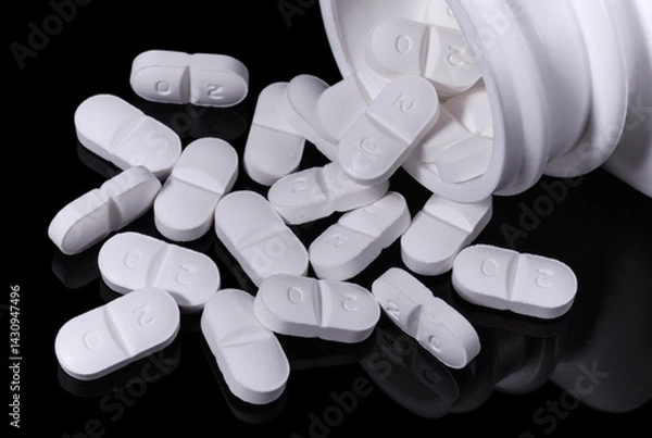 Fototapeta Pills spilling out of a plastic container onto a dark surface