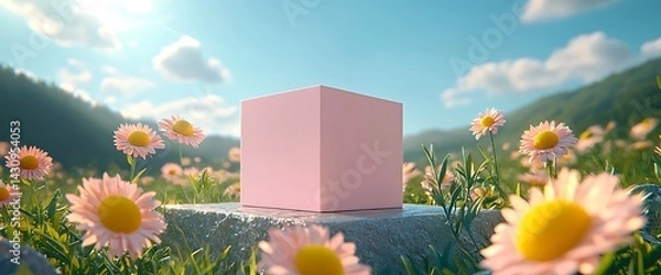 Fototapeta Pink Cube Display in a Field of Flowers