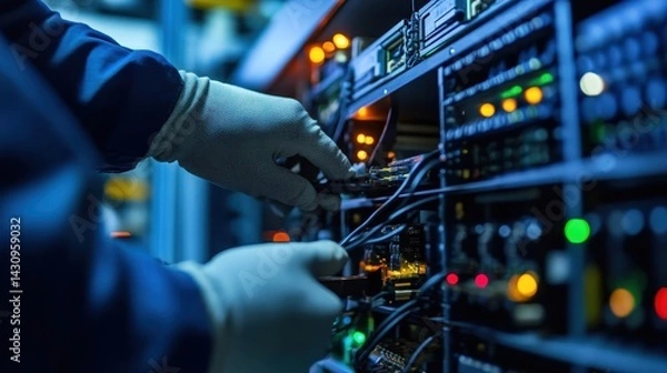 Fototapeta Technician meticulously connects network cables to server racks.