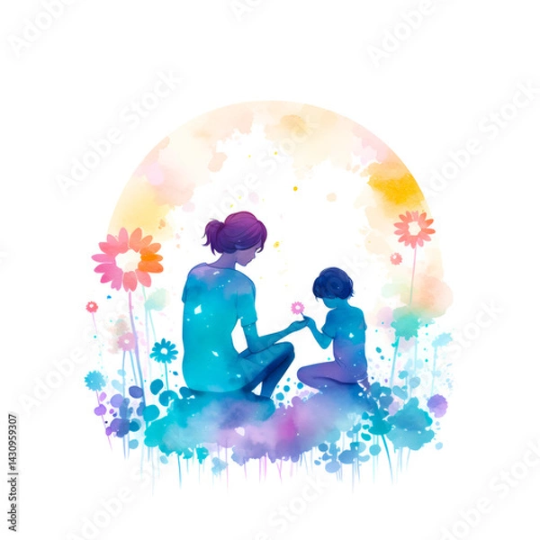 Fototapeta Mother and Daughter in Bloom – Colorful Watercolor Silhouette