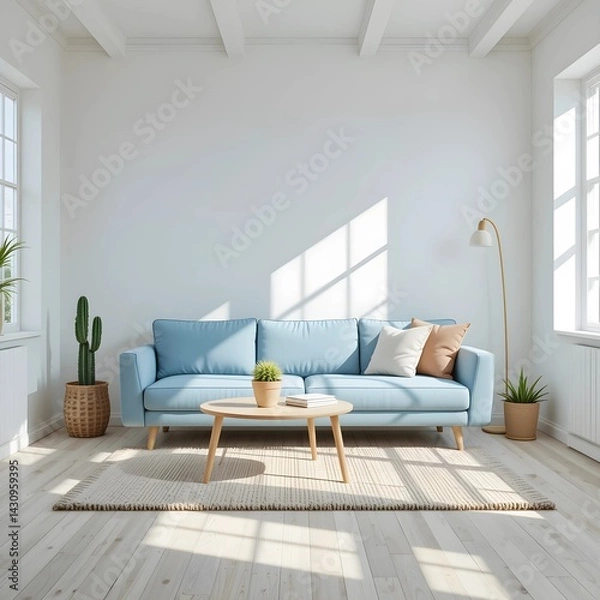 Obraz Nordic summer living room with ice blue fabric sofa, small potted cactus, bright white walls and light wooden floor with natural summer light.