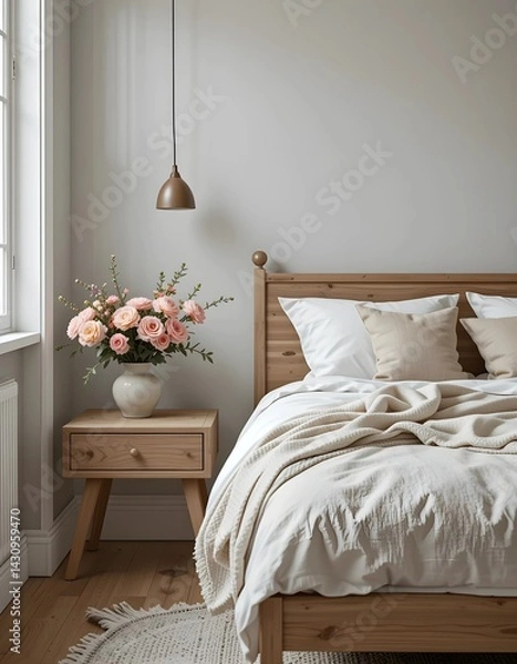 Obraz Nordic bedroom with wooden bed, light wood side table and summer bouquet of flowers, with natural linen bedding 
