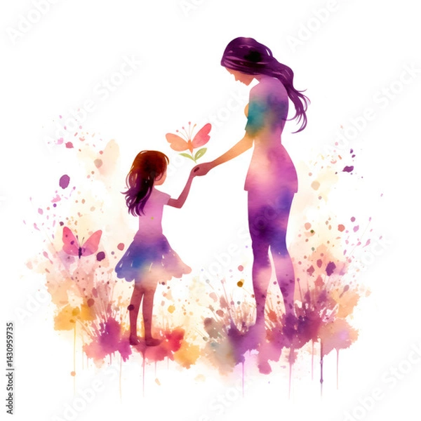 Fototapeta Mother and Daughter in Bloom – Colorful Watercolor Silhouette