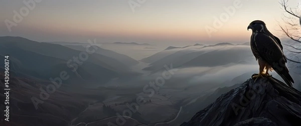 Obraz Falcon perched on bare mountain limb overlooking misty valley cloaked in early morning haze
