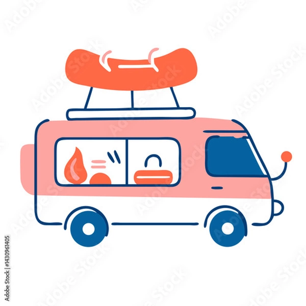 Fototapeta A simple, colorful illustration of a pink camper van with blue wheels. The van has an orange life preserver on top and a small window showing a sleeping bag inside, suggesting it is equipped for trave