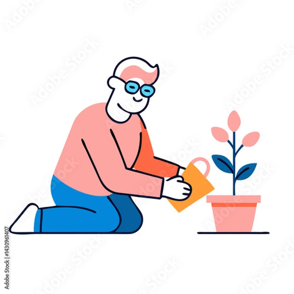 Fototapeta A simple, colorful illustration of an elderly man wearing glasses and a pink sweater. He is kneeling on the floor, holding a watering can, and tending to a potted plant. The design is minimalistic and