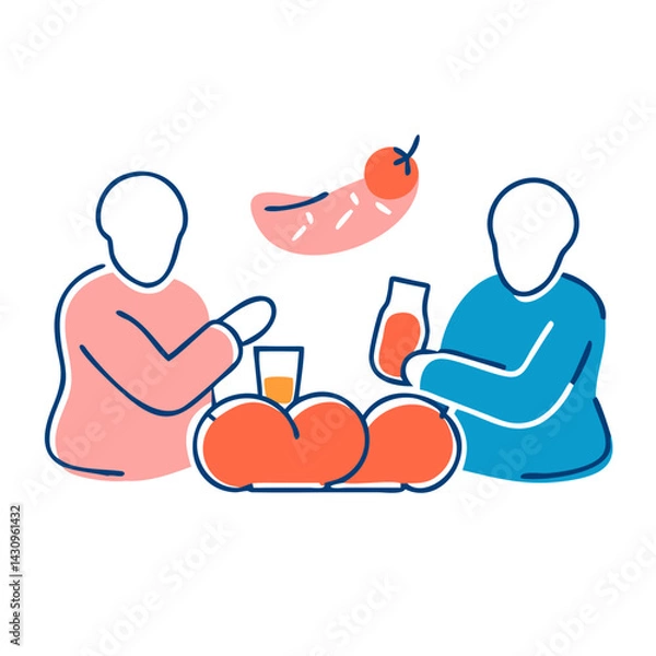 Fototapeta n: A simple, colorful illustration of two people sitting on the floor, sharing food and drinks. One person is holding a plate with food, while the other is holding a glass of juice. The design is mini