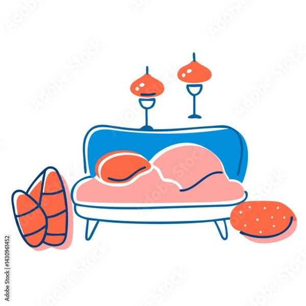 Fototapeta A simple, colorful illustration of a cozy bed with a pink blanket and two pillows. There are two glasses of orange juice on the bedside table, along with a pair of slippers nearby. The design is minim