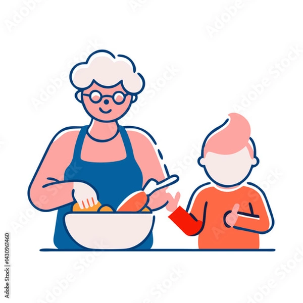 Fototapeta A simple, colorful illustration of an elderly woman wearing glasses and an apron, cooking with a child. The woman is holding a spoon and appears to be stirring or preparing food in a bowl, while the c