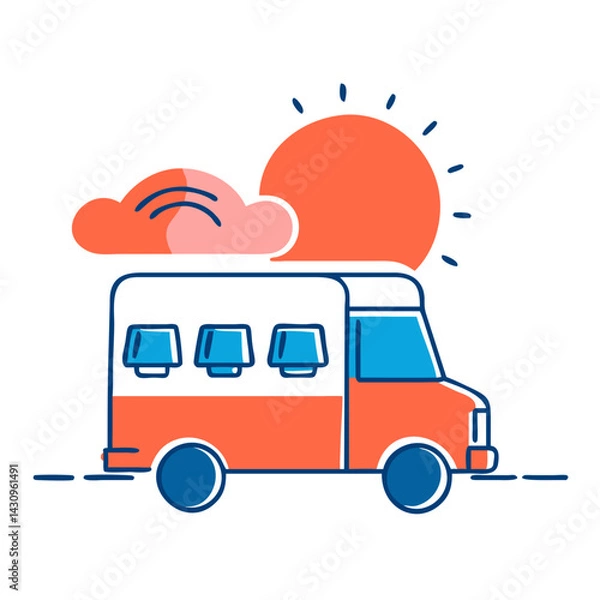 Fototapeta  A simple, colorful illustration of a bright orange bus with blue wheels and windows. The bus has a small cloud on top, and the background features a stylized sun with rays, giving the image a cheerfu