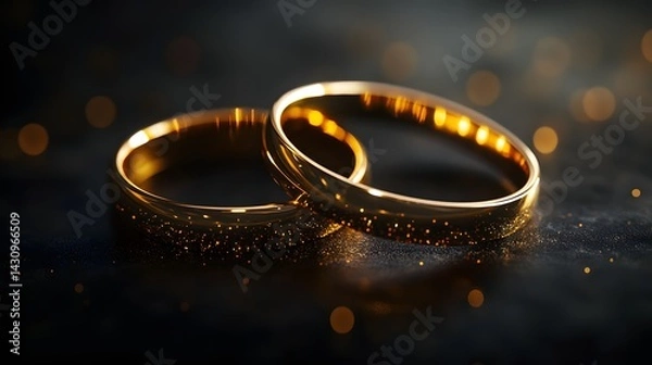 Obraz Two golden rings on a black background, with a bokeh effect, high-resolution photography, sharp focus, no depth-of-field blur, 