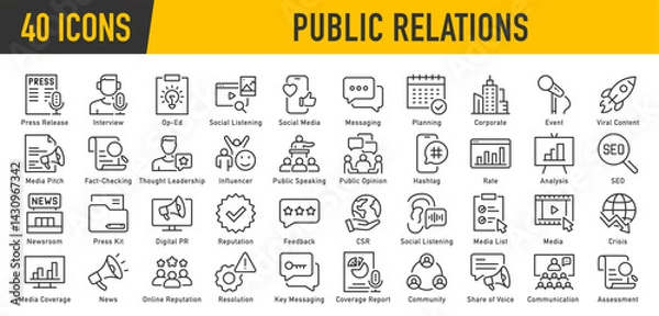 Obraz Public Relations web icons in line style. Social media, interview, reputation, press, feedback, planning, news, collection. Vector illustration.