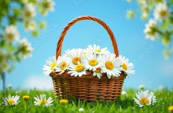 Obraz Wicker basket with white daisies on green grass on sky background in  a sunny summer day close-up