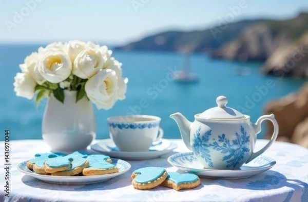 Obraz White and blue tea set with cookies covered with blue glaze, vase with flowers on sea background, summer day