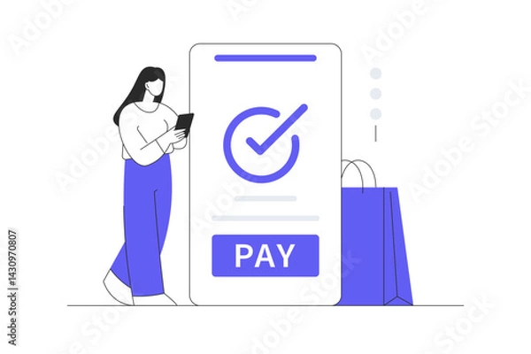 Fototapeta Concept of Online commerce. Mobile app for payment with credit card and web banking customer. Flat Cartoon Vector Illustration, icon. Stylish abstract design landing page