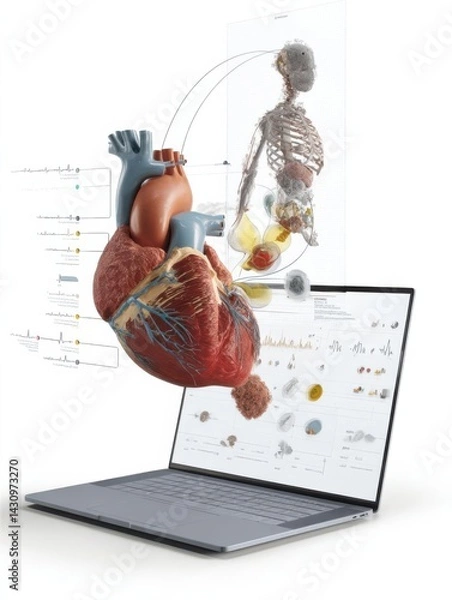 Fototapeta 3D anatomical heart model displayed on laptop screen with educational diagrams and skeleton