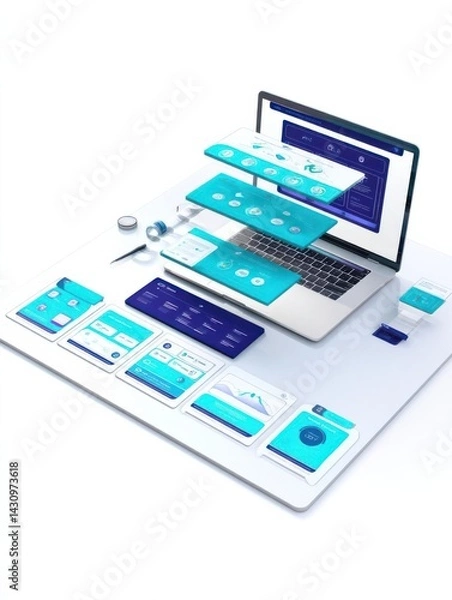 Fototapeta Digital workspace showcasing layered user interface designs on a laptop and desk