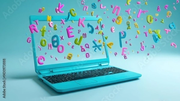 Fototapeta Colorful letters emerging from an open laptop against a blue background, symbolizing creativity and technology