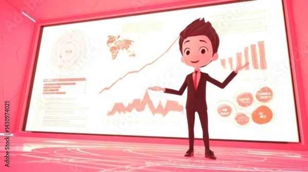 Fototapeta Animated character presenting data insights in a modern, vibrant office environment