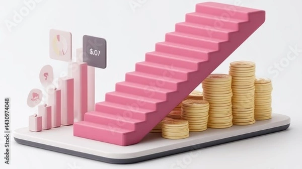 Fototapeta 3D illustration of a financial growth concept featuring a staircase and coins, representing progress