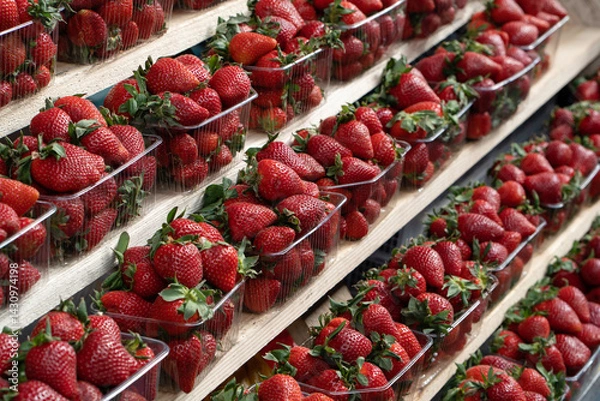 Fototapeta Close-up of ripe strawberries for sale on market stall. Fresh strawberries in plastic cups displayed at a street market stall