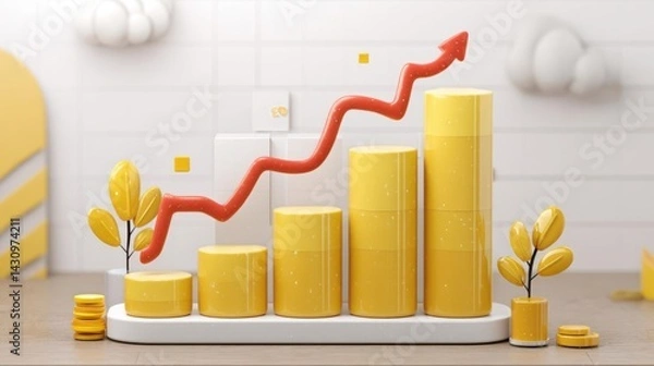 Fototapeta Colorful 3D bar graph with upward trend, showcasing business growth in a bright, modern office