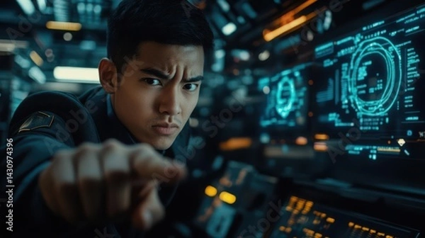 Fototapeta Focused young man in a futuristic control room, engaged in intense operation amidst glowing screens