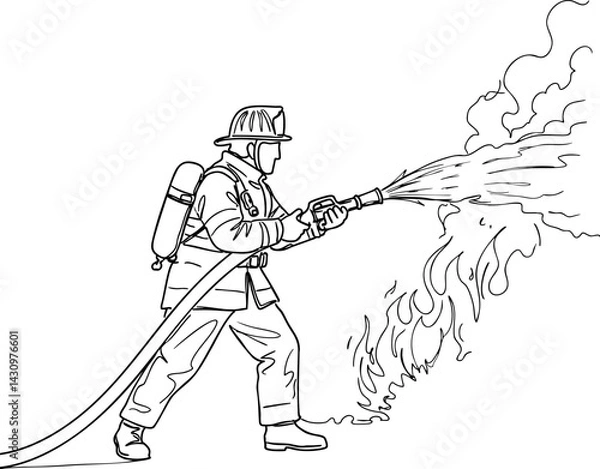 Fototapeta Firefighter Extinguishing Flames with Water Hose. Minimalist black and white line art illustration of a firefighter battling a blaze.