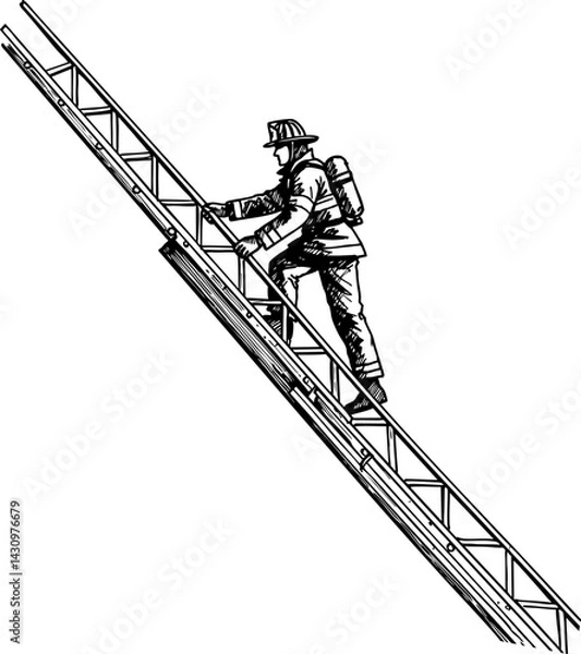 Fototapeta Firefighter Ascending Ladder in Minimalist Black and White. Line art illustration of a firefighter climbing a ladder, isolated on white.