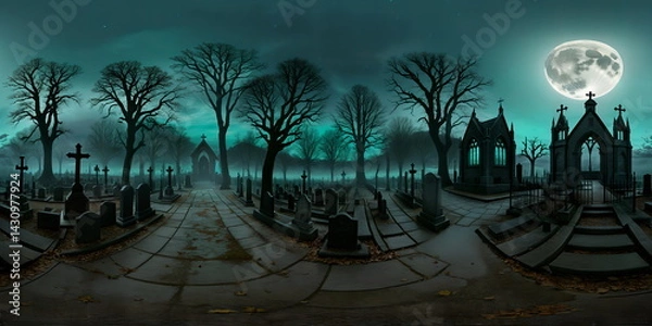 Fototapeta Mystery old cemetery at night, full moon. Full 360 degrees seamless spherical panorama HDRI equirectangular projection. Texture environment map for lighting and reflection source rendering 3d scenes