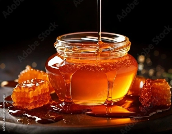 Fototapeta The golden duo of nature: fragrant beeswax, crafted by busy bees, and sweet, luscious honey, captured in a jar. A testament to the incredible gifts of the hive