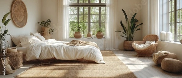 Fototapeta Bright bedroom with a bed plants and a large window.