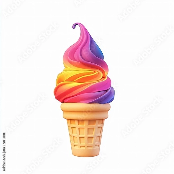 Obraz Colorful Ice Cream Delight: A vibrant, photorealistic ice cream cone, showcasing a swirl of vivid rainbow hues, beckons with its sweet, tempting allure.