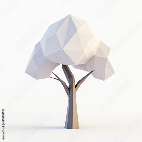 Obraz Geometric Tree: A stylized tree in a low-poly, polygonal design, presented against a clean backdrop, exuding a modern, minimalist aesthetic and evoking a sense of calm.