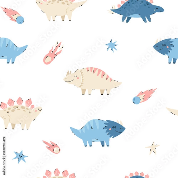 Obraz Seamless pattern with hand-drawn cute dinosaurs and asteroids in soft pastel colors. Perfect for kids designs, nursery prints, baby apparel, and playful fabric or wallpaper.