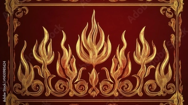 Obraz Elegant Golden Floral Design on Rich Red Background for Visual Art