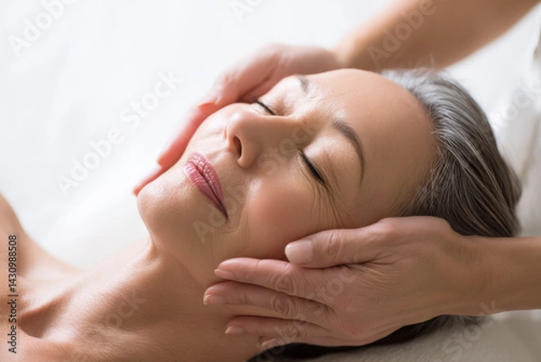 Fototapeta mujer mayor de 50 años relajada tumbada, recibiendo un masaje facial en un spa con fondo luminoso