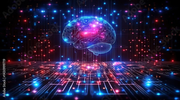 Fototapeta Mind-machine integration with advanced neural interface and glowing circuits in a futuristic setting