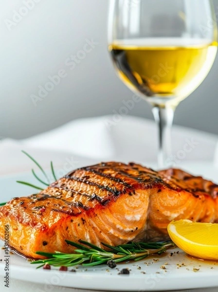 Obraz Plate of grilled salmon steak and glass of white wine.