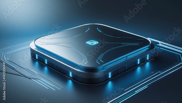 Fototapeta Futuristic microchip processor with blue neon lights and circuit board integration