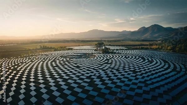 Obraz Circular arrangement of solar panels in a vast field at dusk. Complex mountain range, soft sunlight.