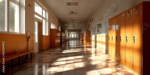 Fototapeta Empty School Corridor With Lockers And Sunlight and Windows.