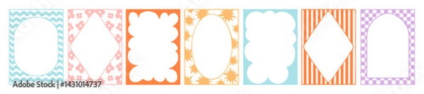 Obraz Cute retro groovy frame set, vector hand drawn invitation aesthetic border, holiday wavy design. Minimal flower star decoration shape, abstract modern social media funky banner. Cute stripe frame kit