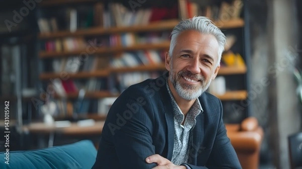 Fototapeta Smiling Mature Businessman in Modern Office Environment with Bookshelves and Cozy Atmosphere