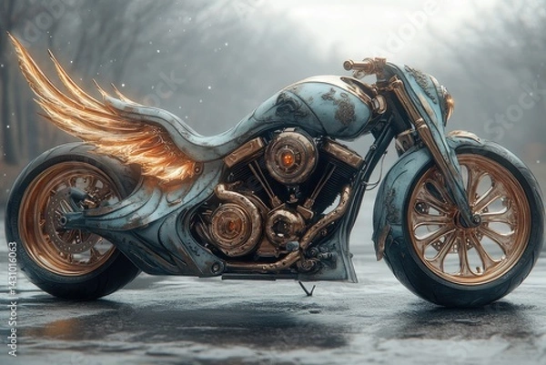Fototapeta Motorcycle with wings fantasy art style illustration detailed engine and wheels.