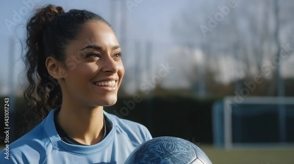Fototapeta Smiling Female Football Player in Realistic Outdoor Setting with a Ball
