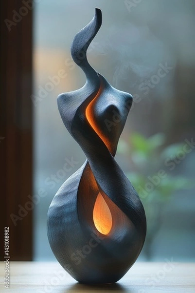 Fototapeta Decorative sculpture with a flame effect light on a wooden surface near a window.