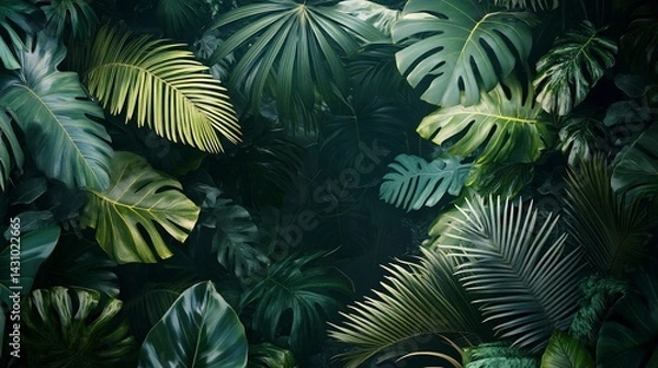 Fototapeta Lush Tropical Leaves: A Dark, Moody Botanical Illustration