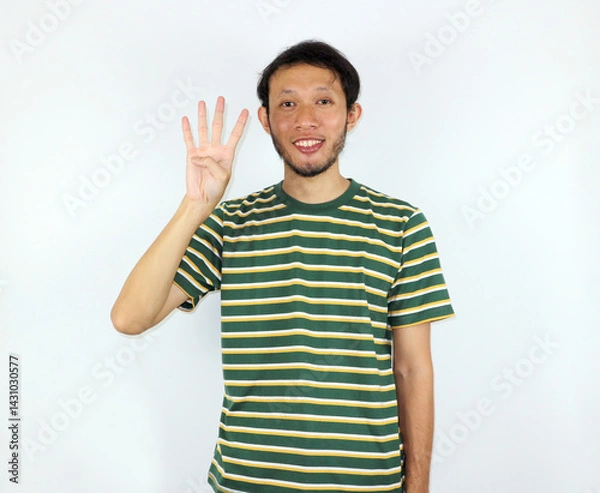 Fototapeta Man Showing Number Four Hand Gesture on White Background Isolated